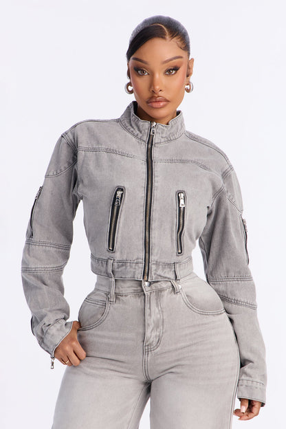 Lone Rider Cropped Moto Jacket - Grey