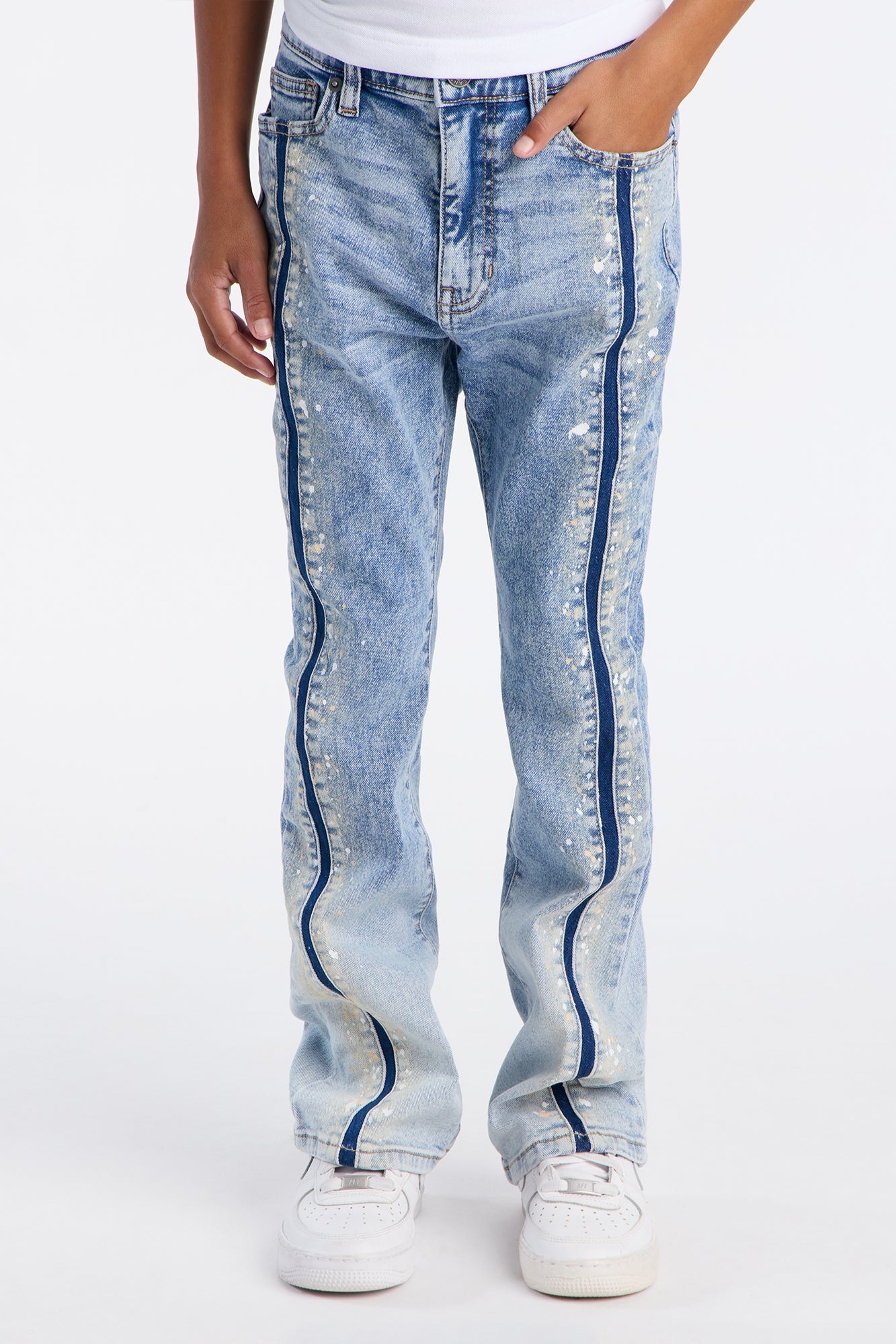 Mini Stacked Skinny Flare Paneled Paint Jean - Light Blue Wash