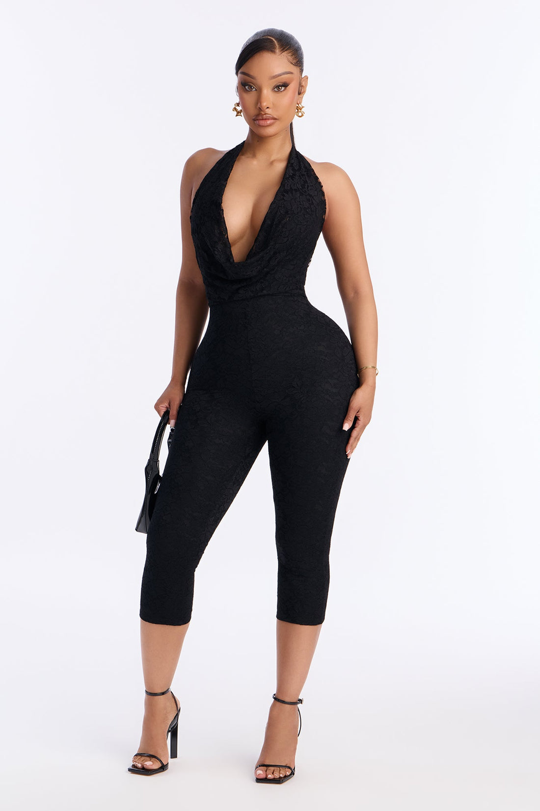 Lizzy Lace Halter Capri Leg Jumpsuit - Black