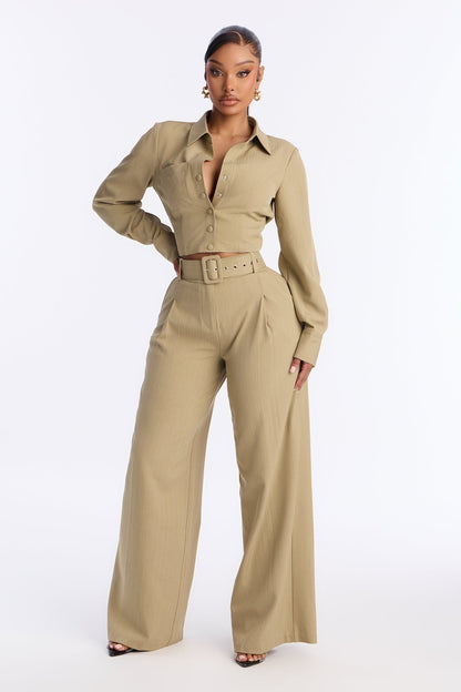 Audree Pinstripe Belted Pant Set - Sage