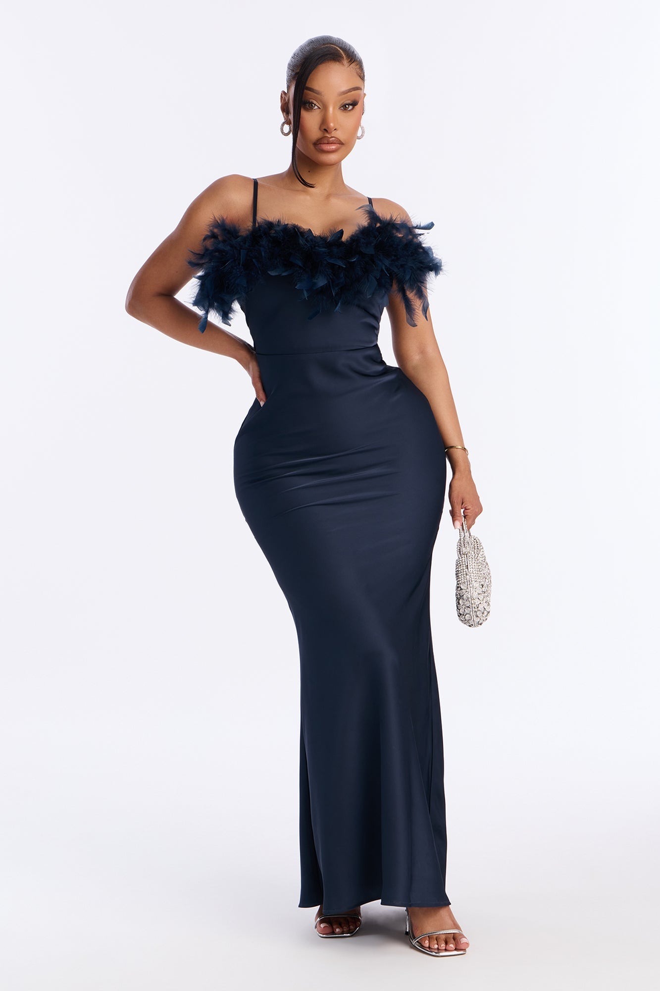 Aribella Feathered Satin Gown - Navy