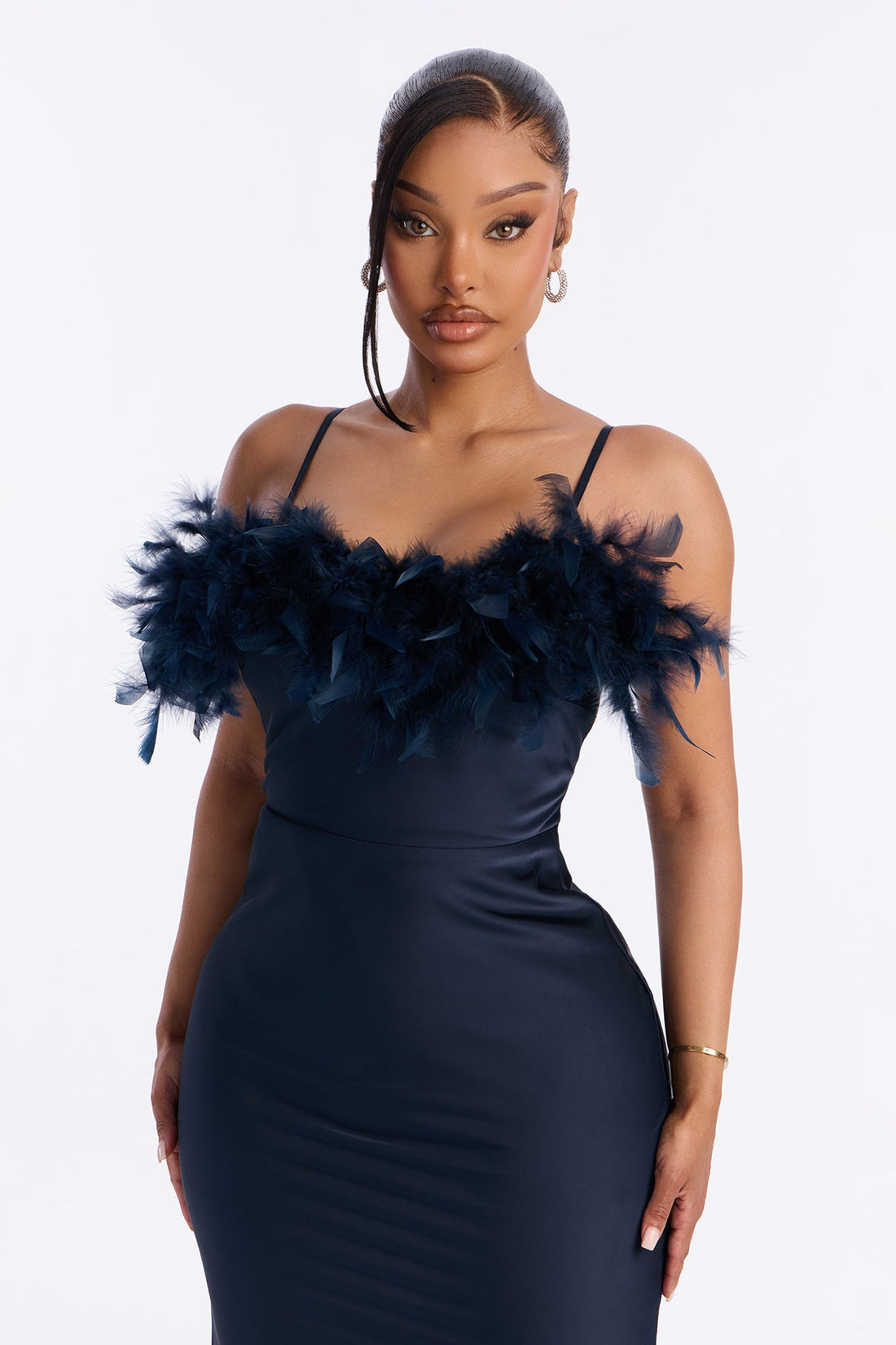 Aribella Feathered Satin Gown - Navy