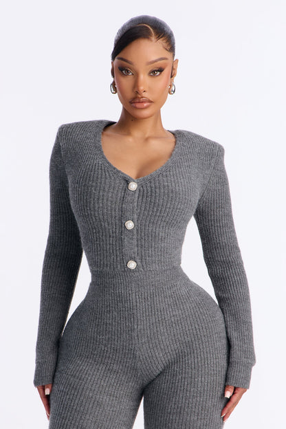 Cozy Girl Sweater Flare Leg Jumpsuit - Charcoal