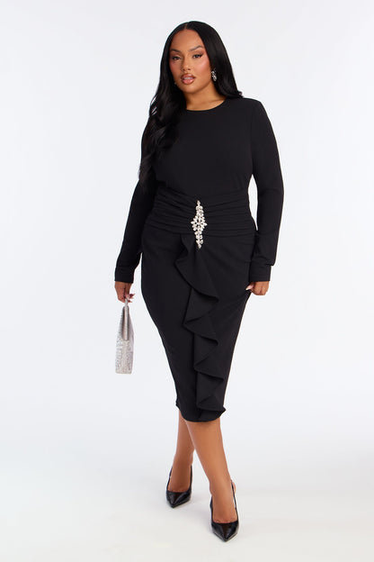 Mandy Long Sleeve Ruffle Midi Dress - Black