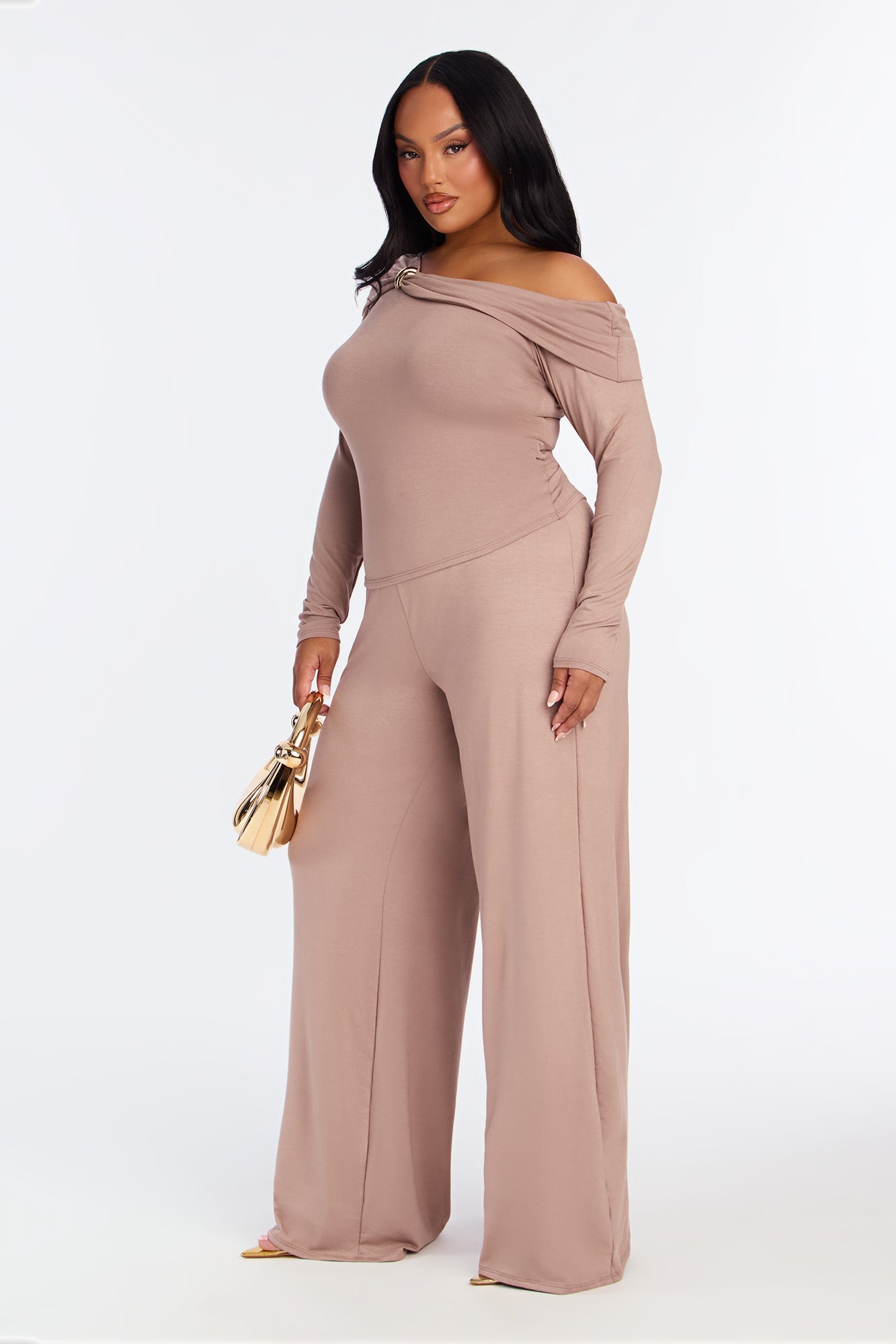 Valerie Off Shoulder Wide Leg Pant Set - Mocha