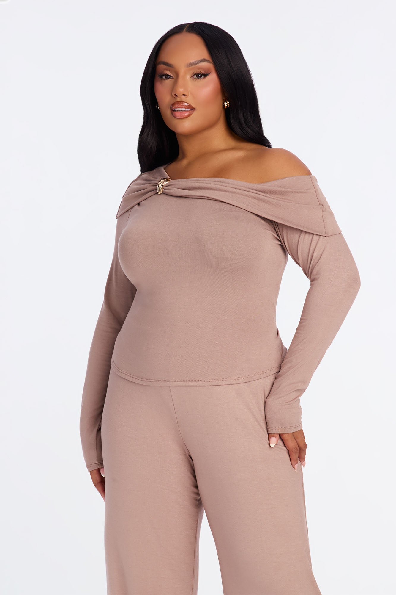 Valerie Off Shoulder Wide Leg Pant Set - Mocha