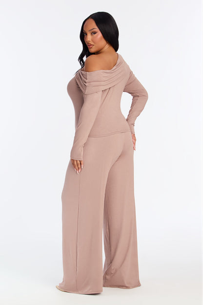Valerie Off Shoulder Wide Leg Pant Set - Mocha