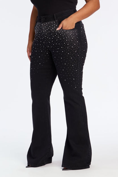 Two-Step Embellished Flare Jeans - Black Wash