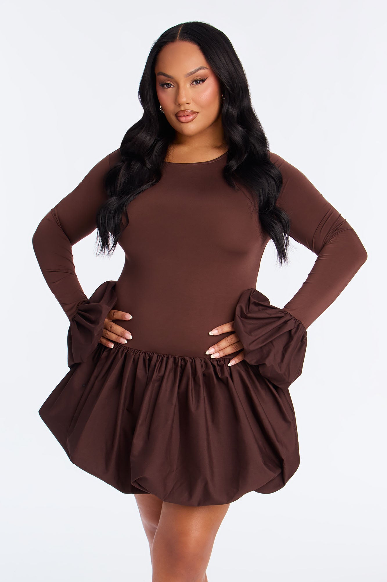 Jillian Puff Sleeve Bubble Mini Dress - Chocolate