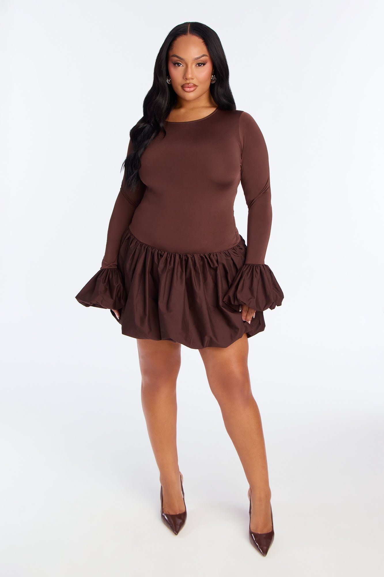 Jillian Puff Sleeve Bubble Mini Dress - Chocolate