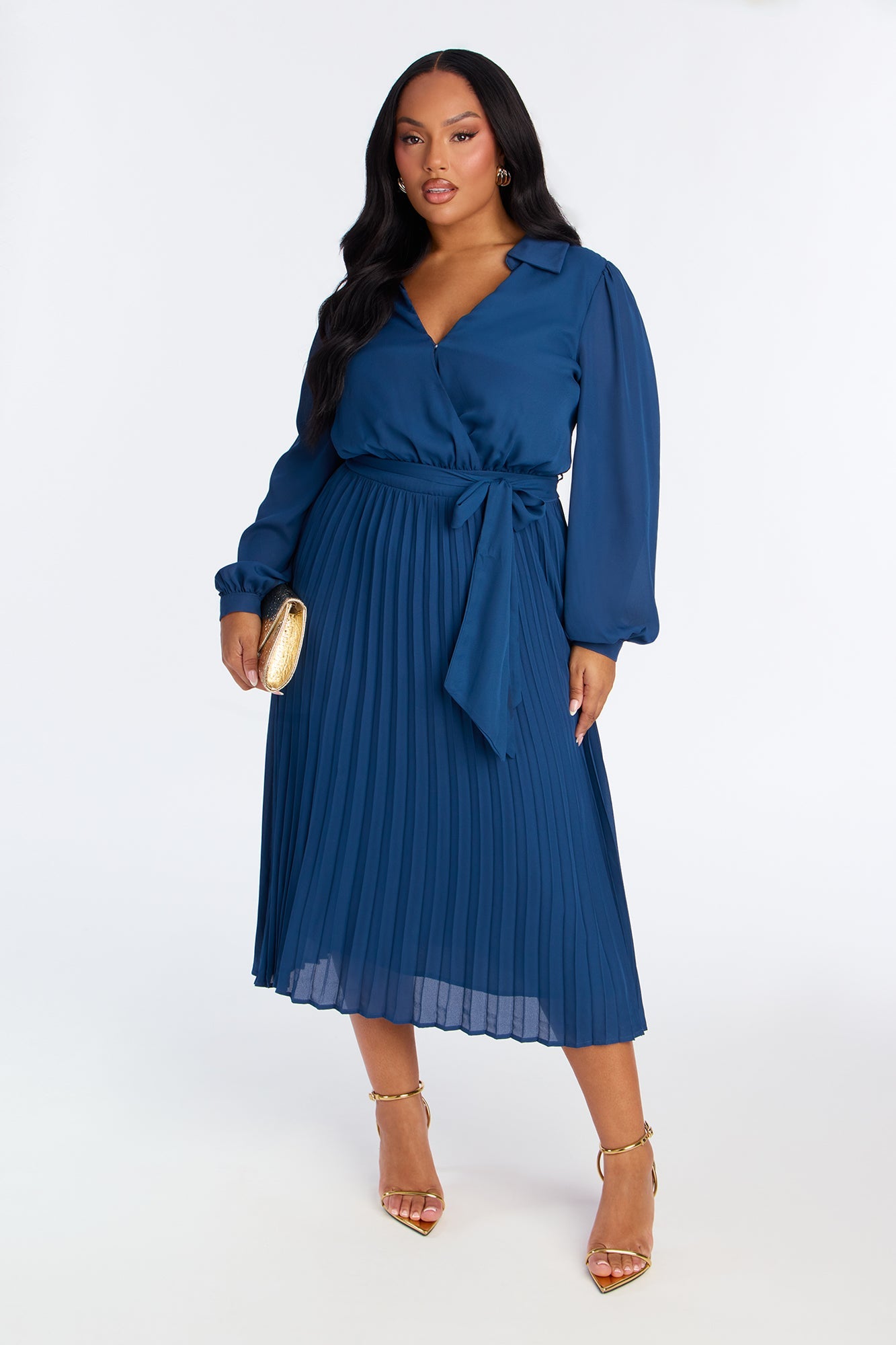 Ariella Tie Waist Pleated Midi Dress - Navy