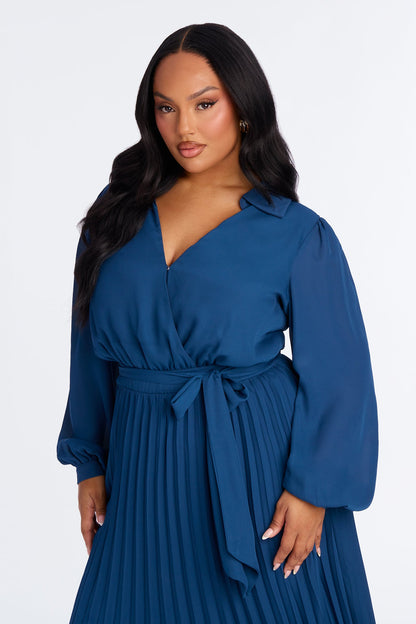 Ariella Tie Waist Pleated Midi Dress - Navy