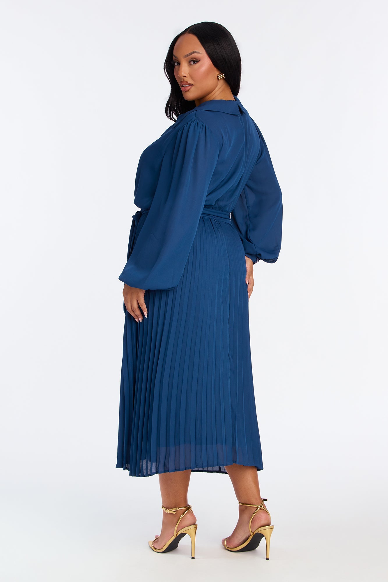 Ariella Tie Waist Pleated Midi Dress - Navy