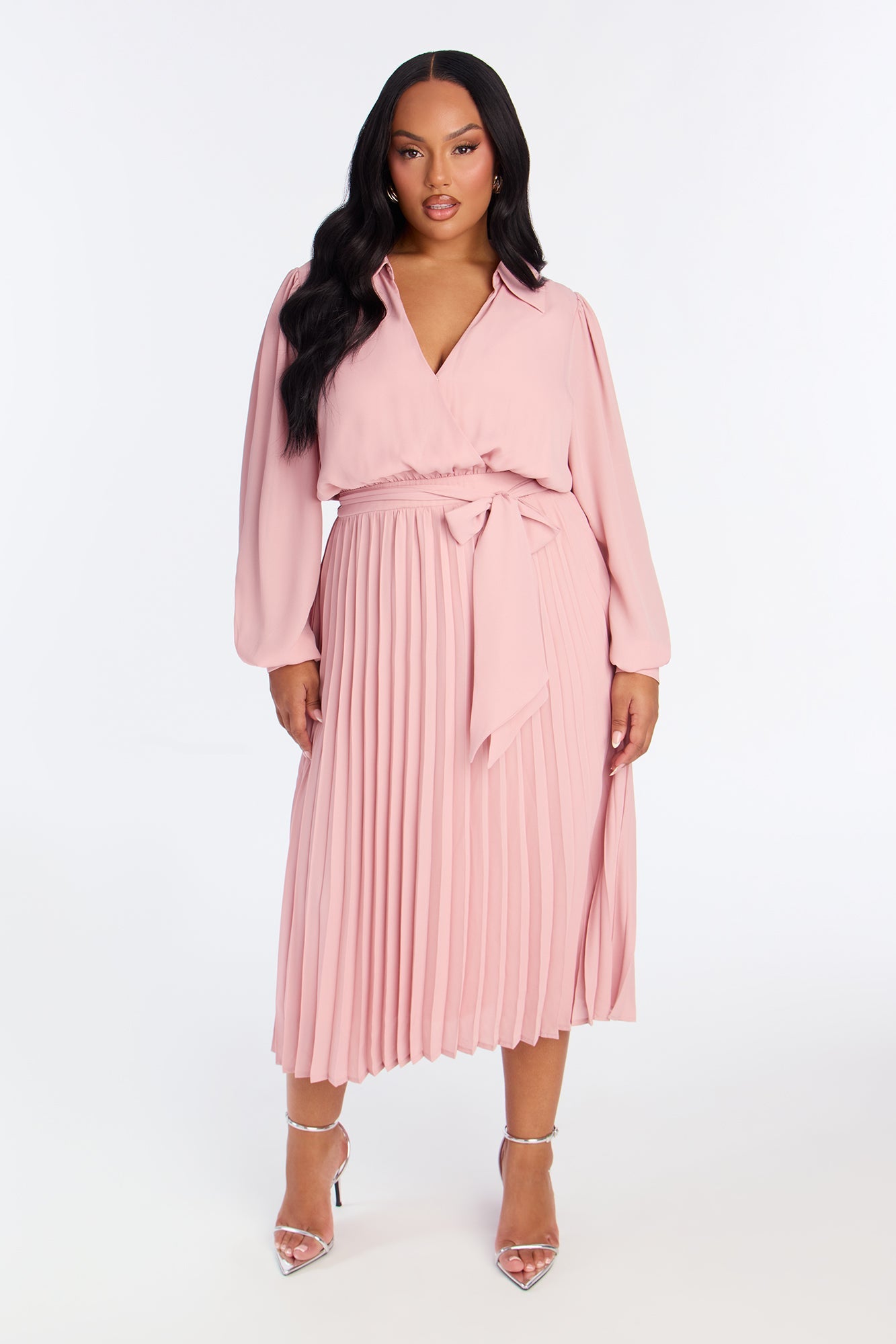 Ariella Tie Waist Pleated Midi Dress - Mauve