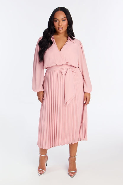 Ariella Tie Waist Pleated Midi Dress - Mauve