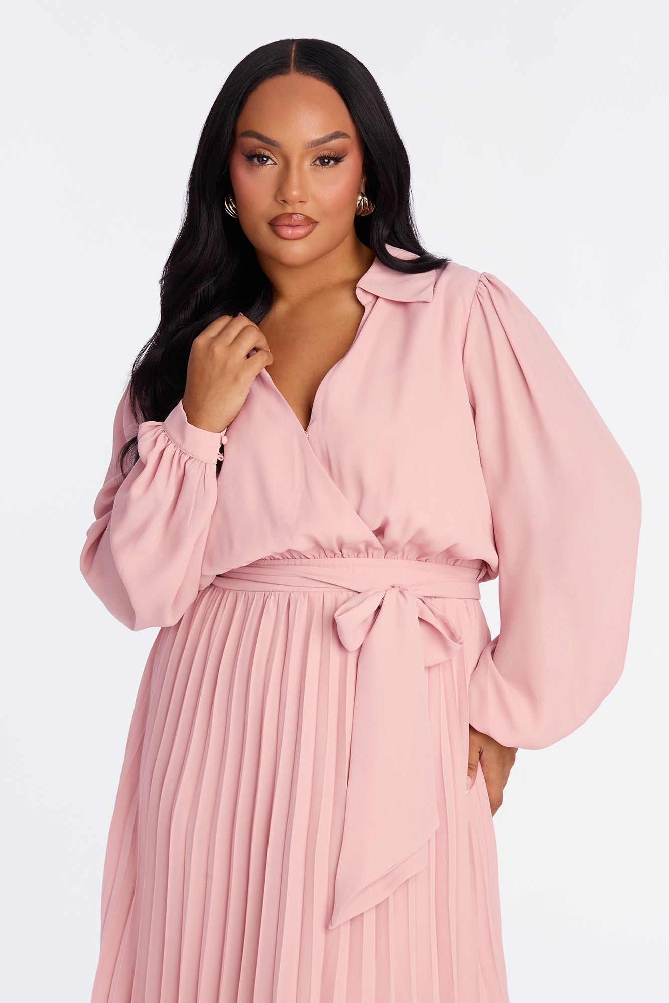 Ariella Tie Waist Pleated Midi Dress - Mauve