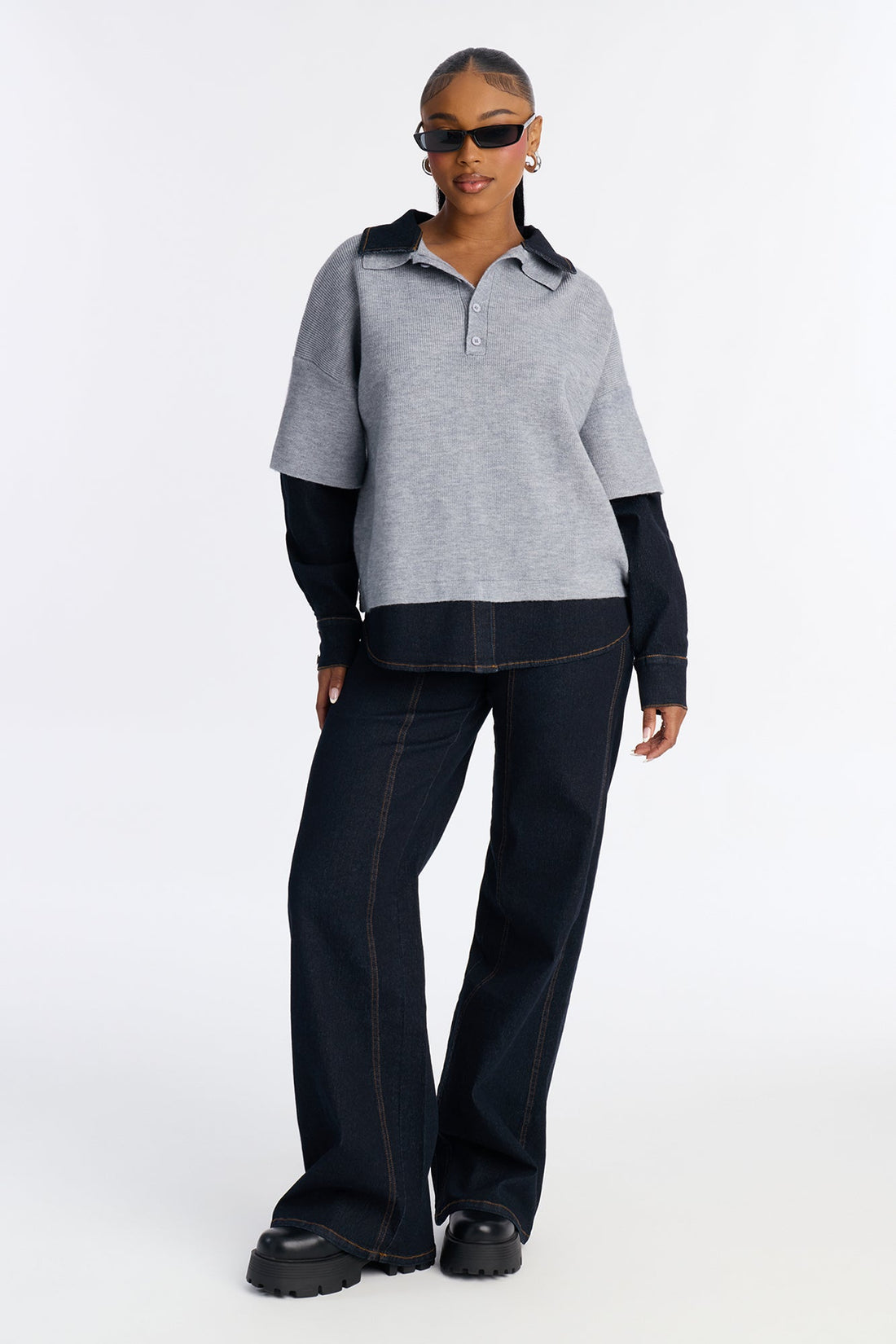 Clara Denim Contrast Trim Shirt And Wide Leg Pant Set - Dark Denim