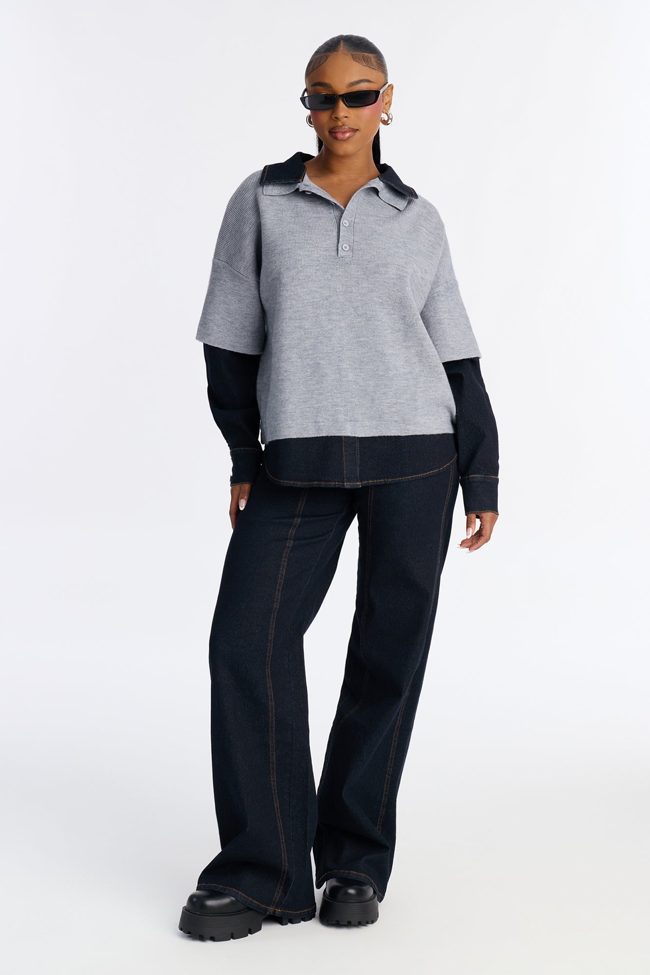 Clara Denim Contrast Trim Shirt And Wide Leg Pant Set - Dark Denim