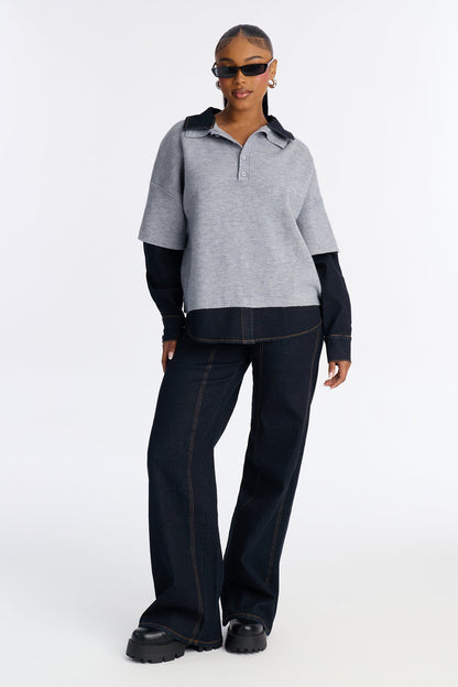 Clara Denim Contrast Trim Shirt And Wide Leg Pant Set - Dark Denim