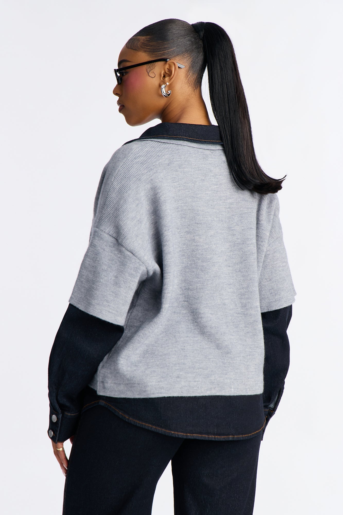 Clara Denim Contrast Trim Shirt And Wide Leg Pant Set - Dark Denim