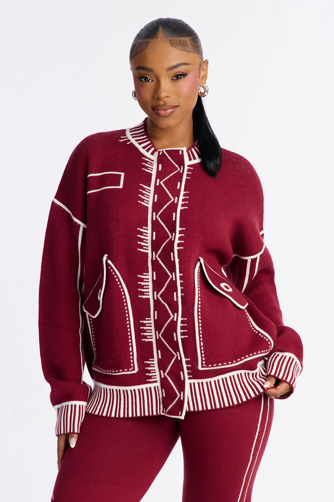 Contrast Mode Sweater Pant Set - Wine