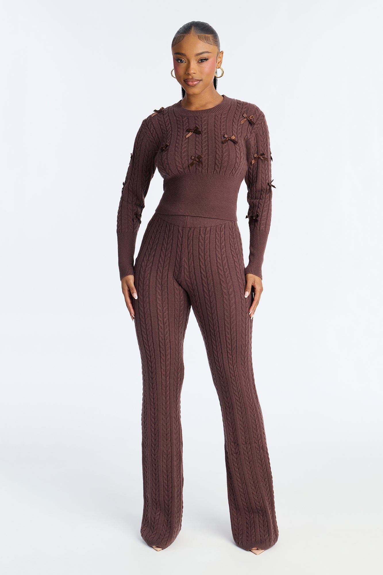 Bethany Bow Sweater Pant Set - Chocolate