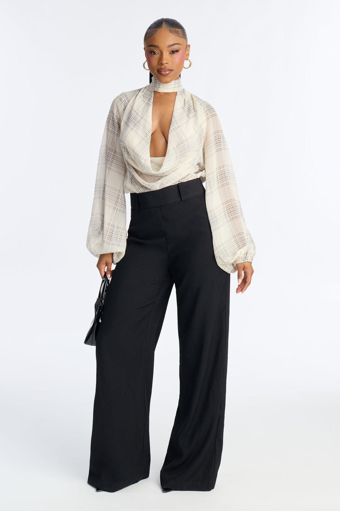 Business Calls Plaid Cowl Mock Neck Jumpsuit - Ivory/combo