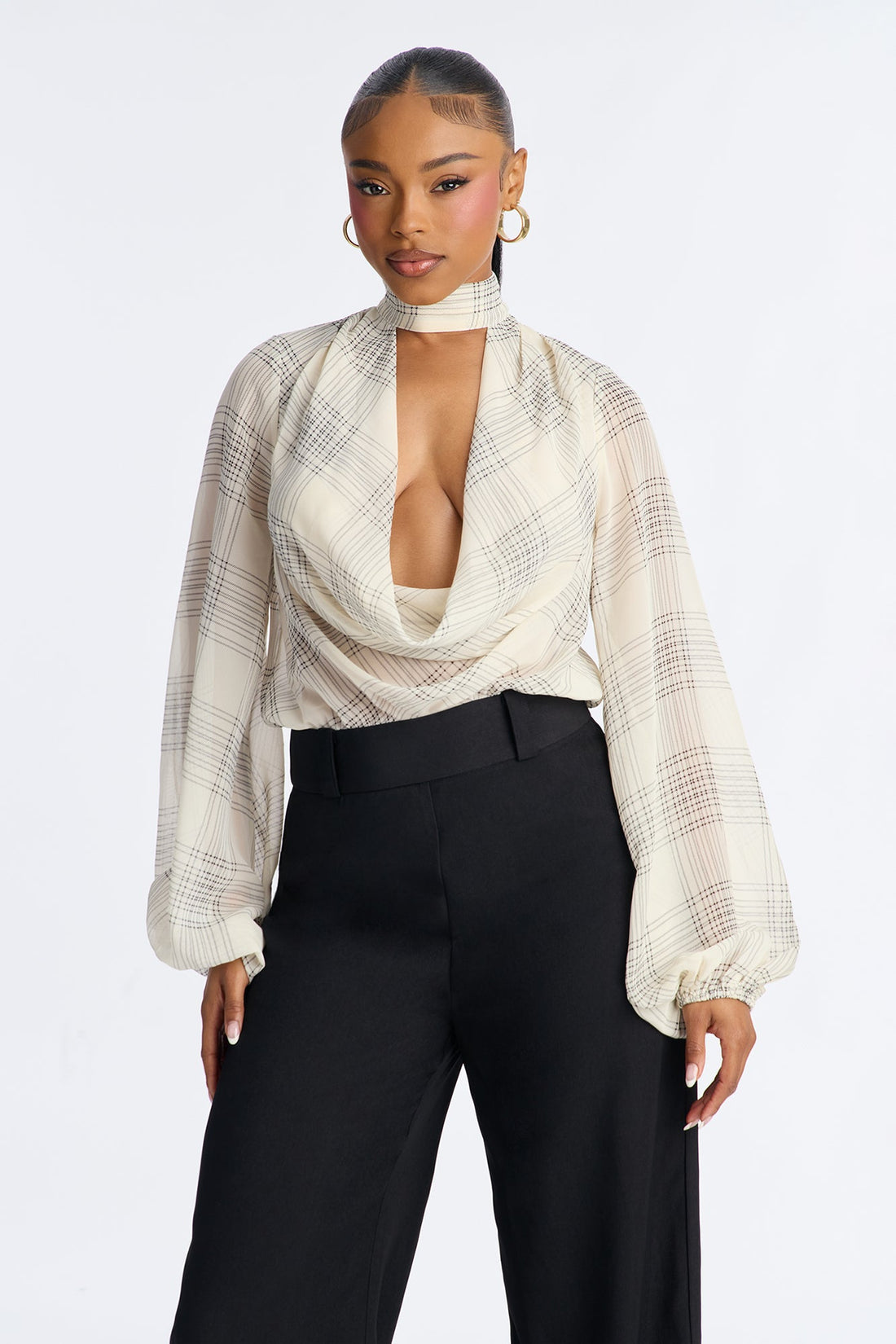 Business Calls Plaid Cowl Mock Neck Jumpsuit - Ivory/combo