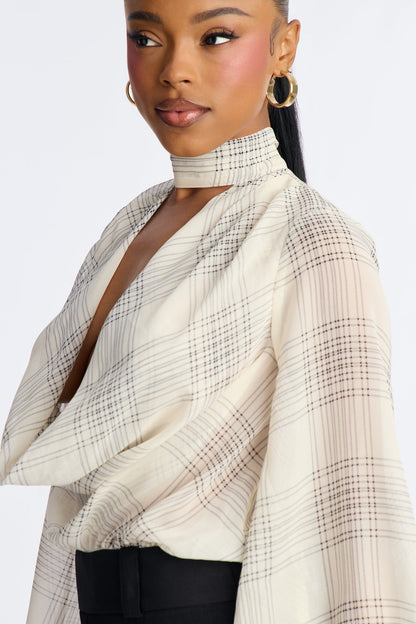 Business Calls Plaid Cowl Mock Neck Jumpsuit - Ivory/combo