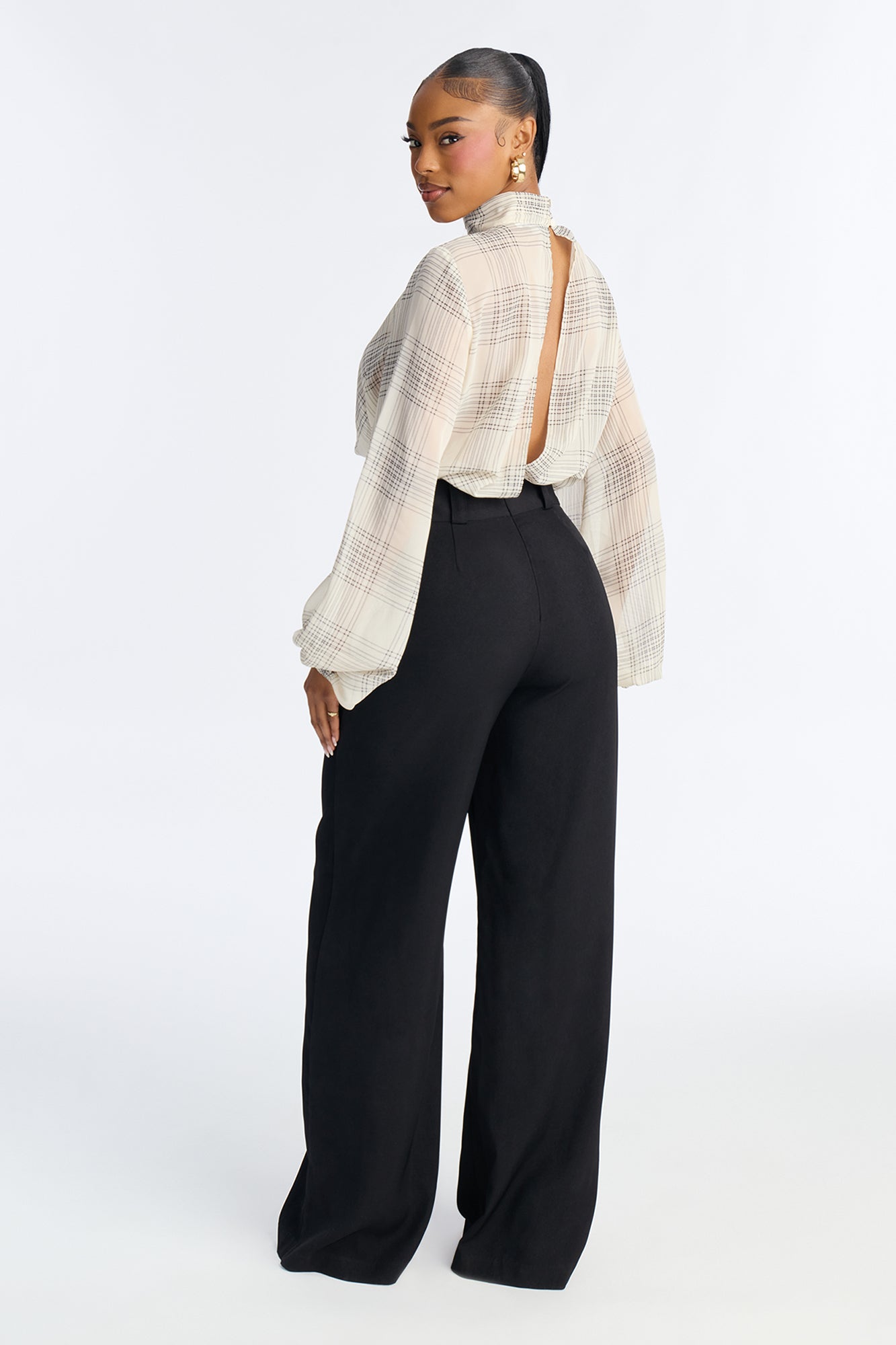 Business Calls Plaid Cowl Mock Neck Jumpsuit - Ivory/combo