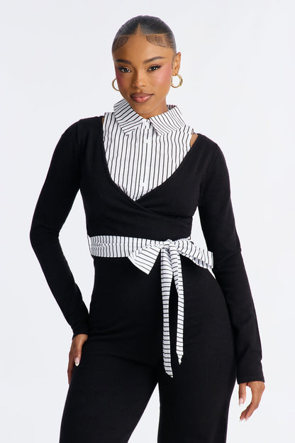 Gianna Tie Waist Collar Sweater Jumpsuit - Black/White