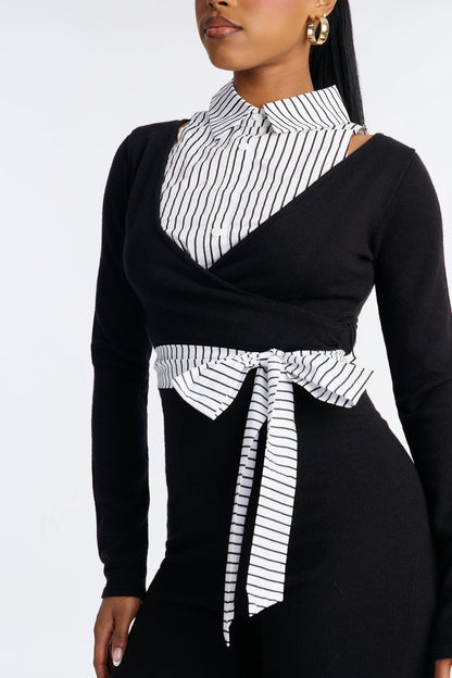 Gianna Tie Waist Collar Sweater Jumpsuit - Black/White