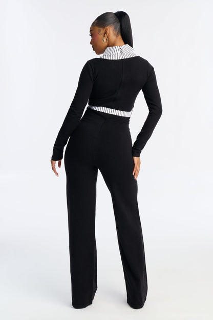 Gianna Tie Waist Collar Sweater Jumpsuit - Black/White