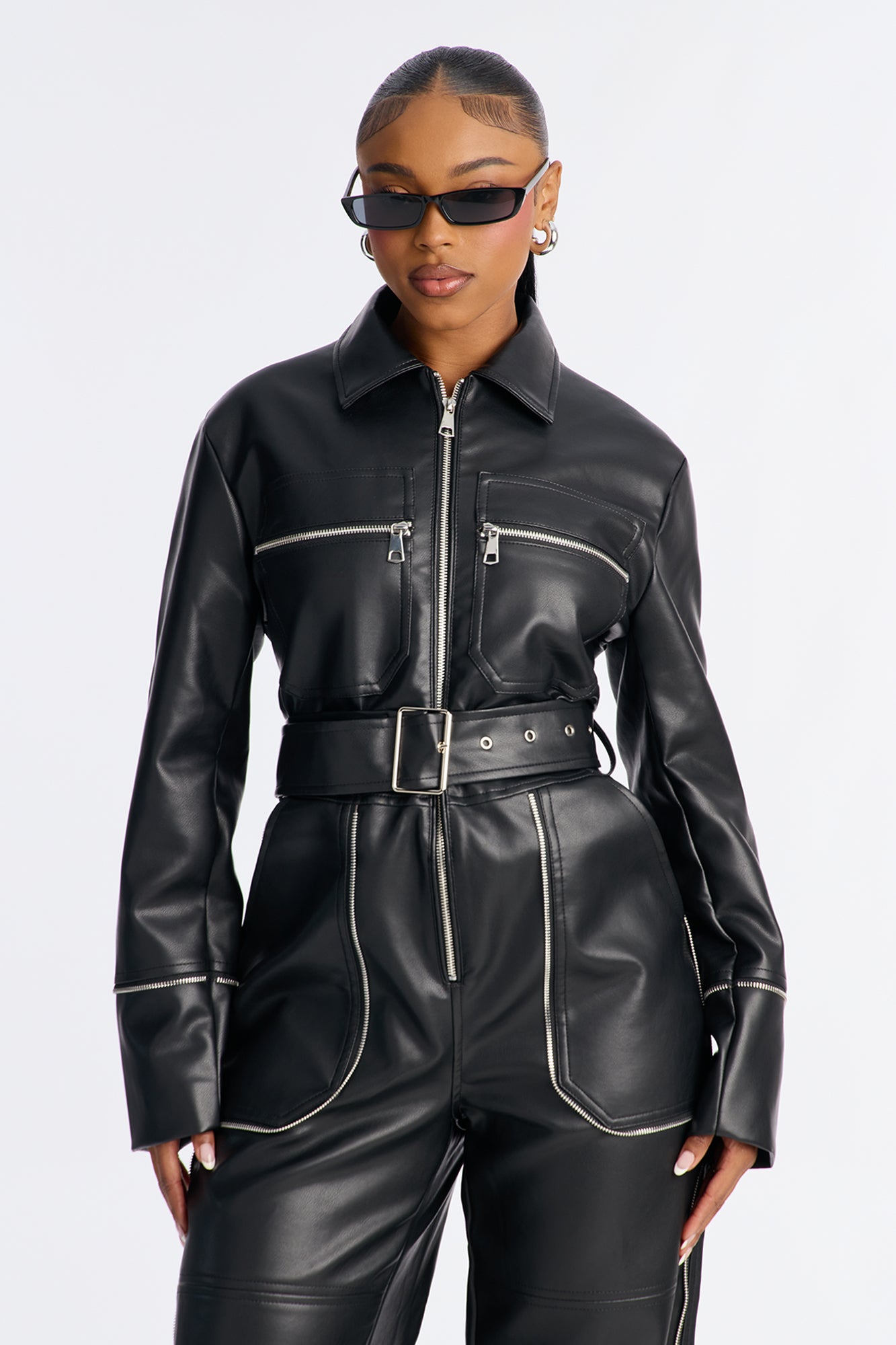 Sasha Belted Cargo Faux Leather Straight Leg Jumpsuit - Black