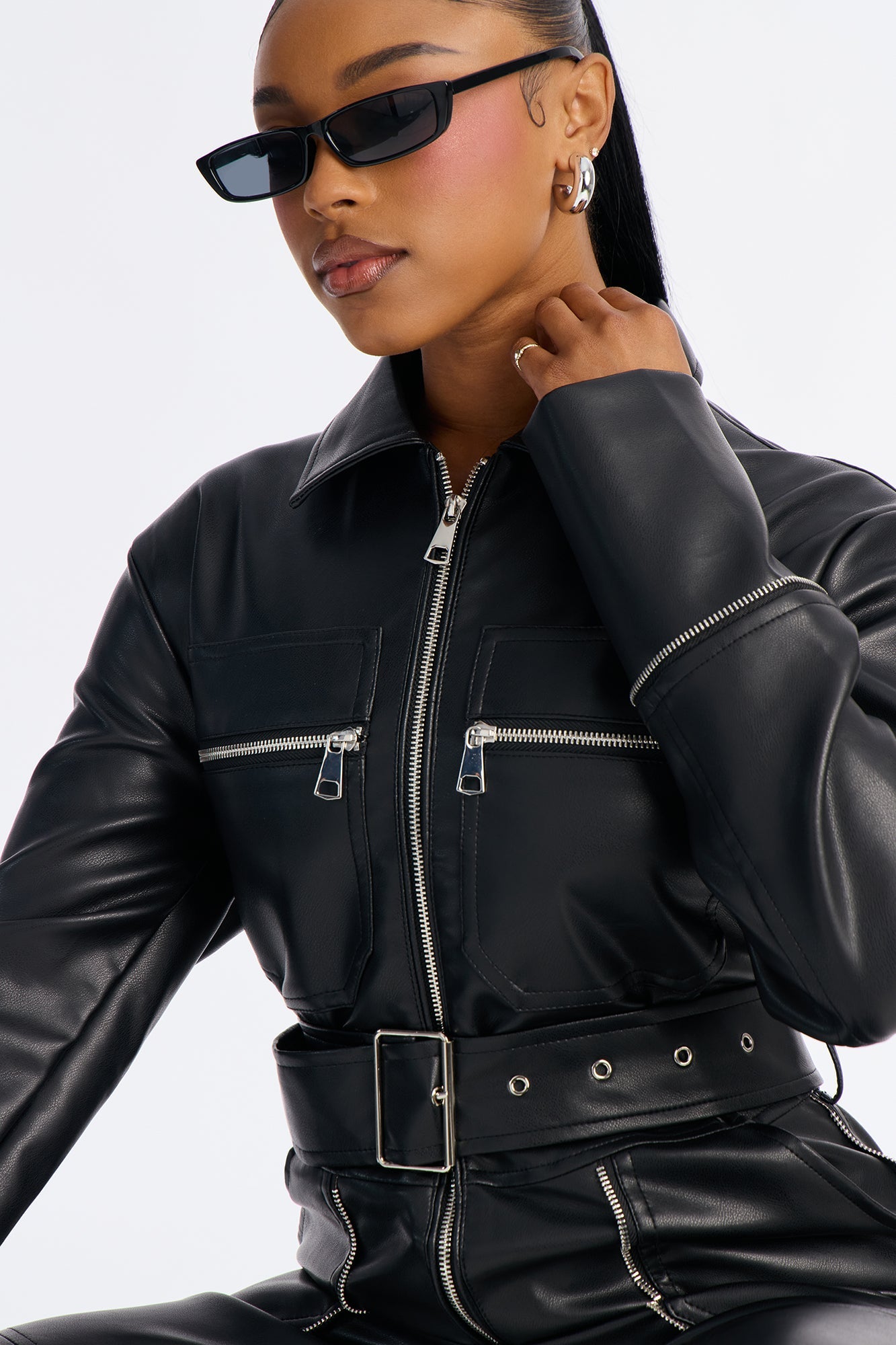 Sasha Belted Cargo Faux Leather Straight Leg Jumpsuit - Black