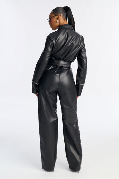 Sasha Belted Cargo Faux Leather Straight Leg Jumpsuit - Black