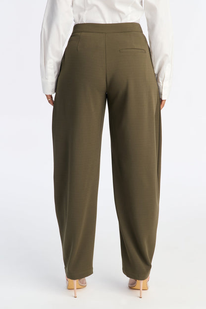 Always On Time Crepe Knit Barrel Leg Trousers - Olive