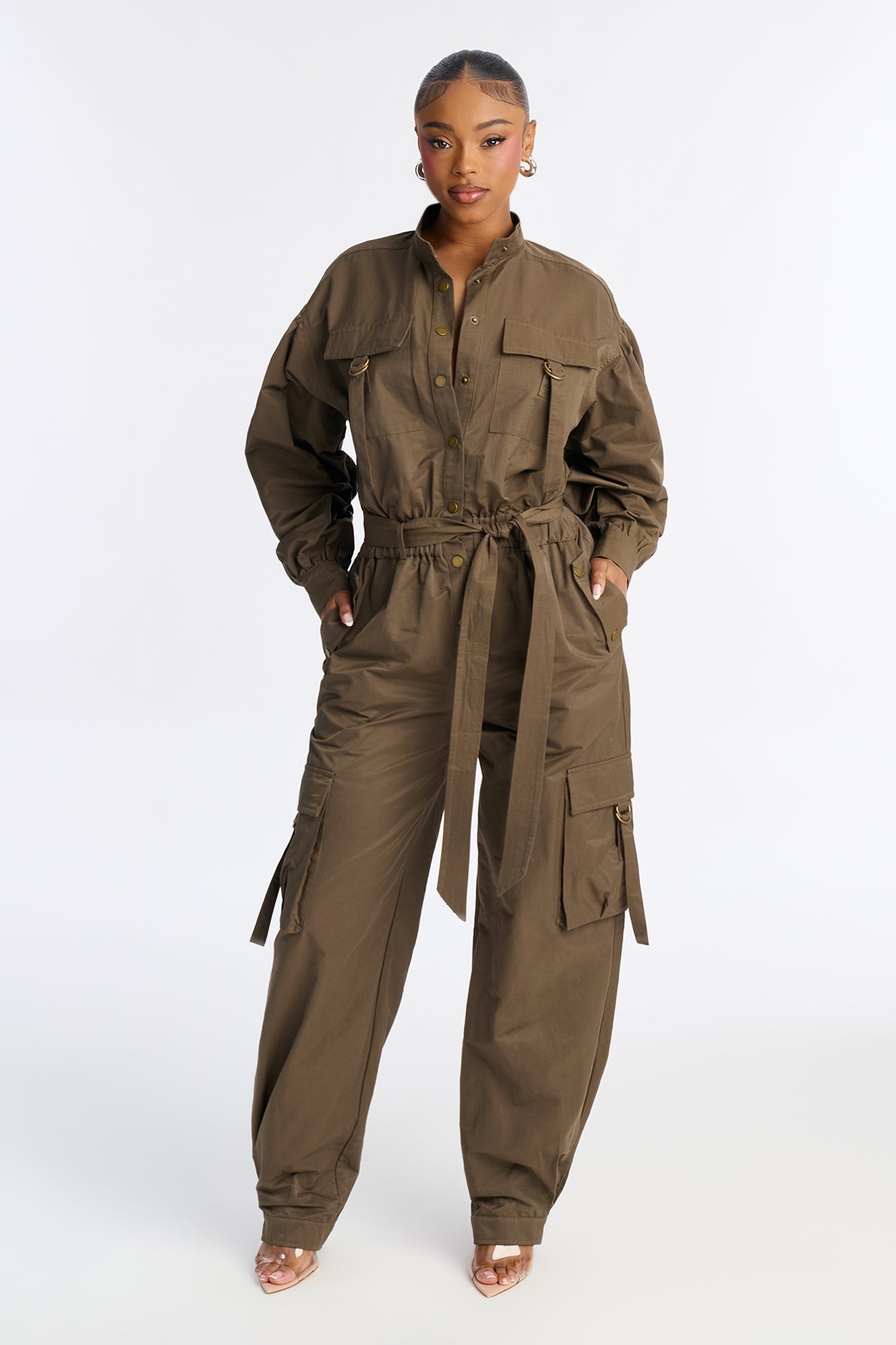 Urban Ranger Tie Waist Cargo Straight Leg Jumpsuit - Olive