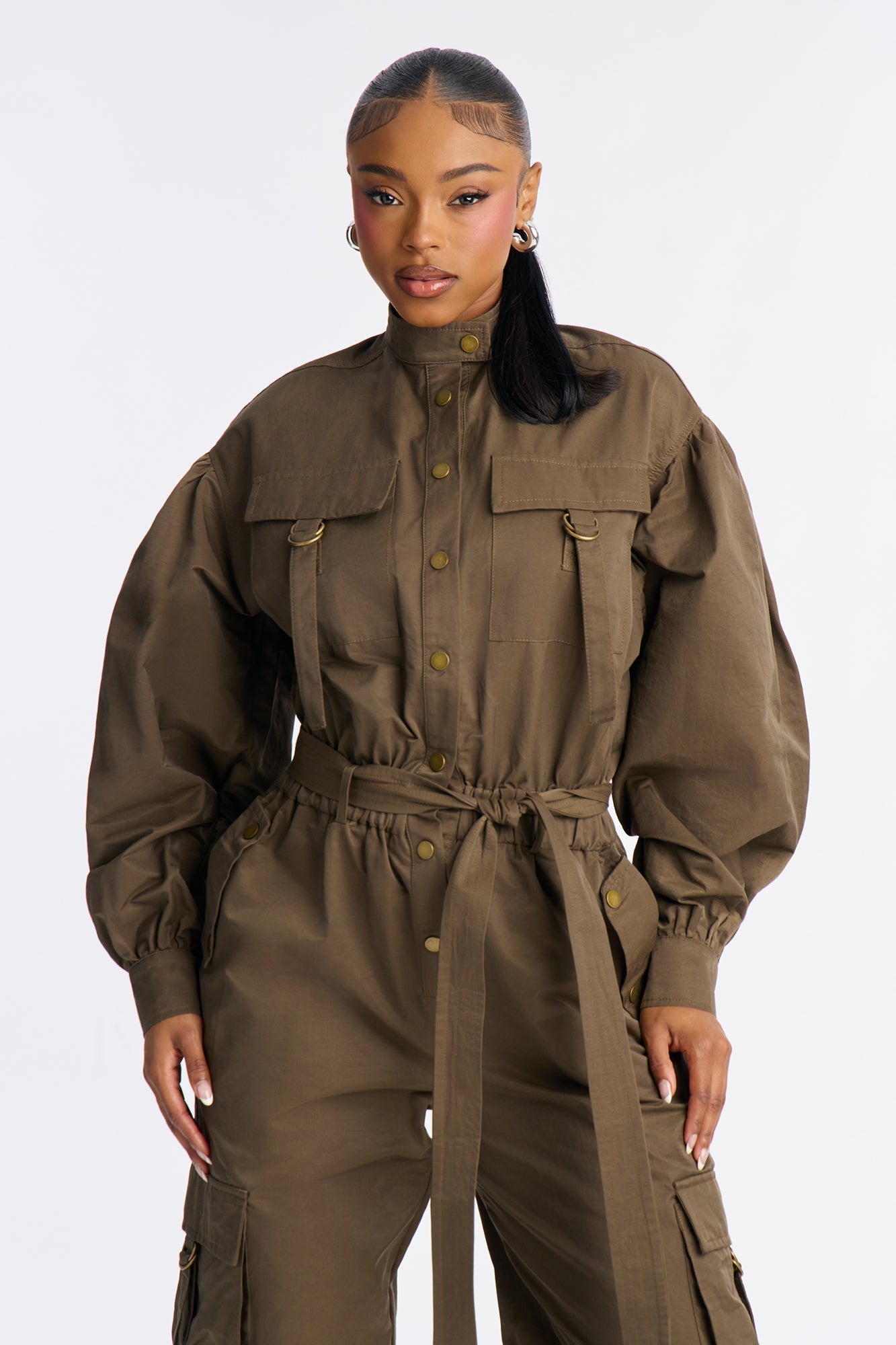Urban Ranger Tie Waist Cargo Straight Leg Jumpsuit - Olive