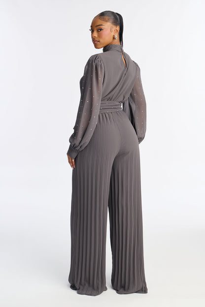 Monica Embellished Mock Neck Wide Leg Jumpsuit - Grey