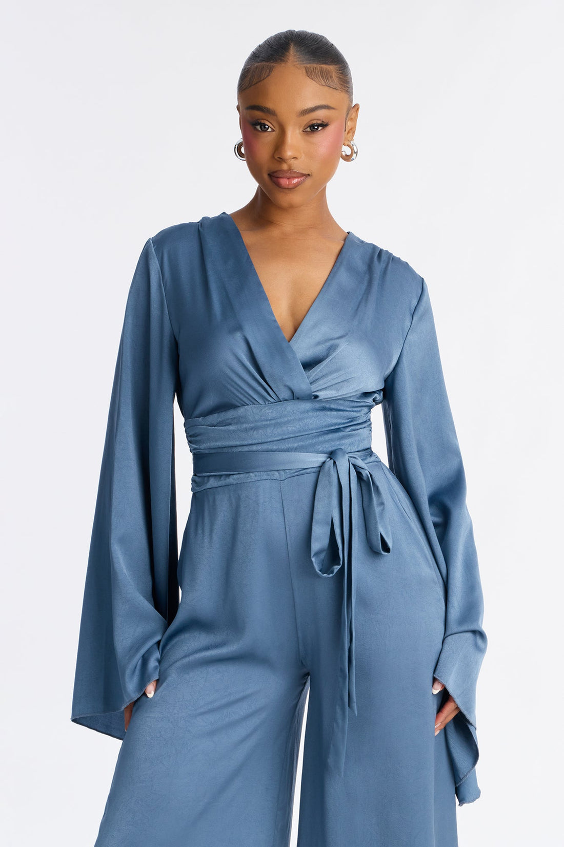 Ophelia Satin Wide Leg Cinched Waist Jumpsuit - Blue