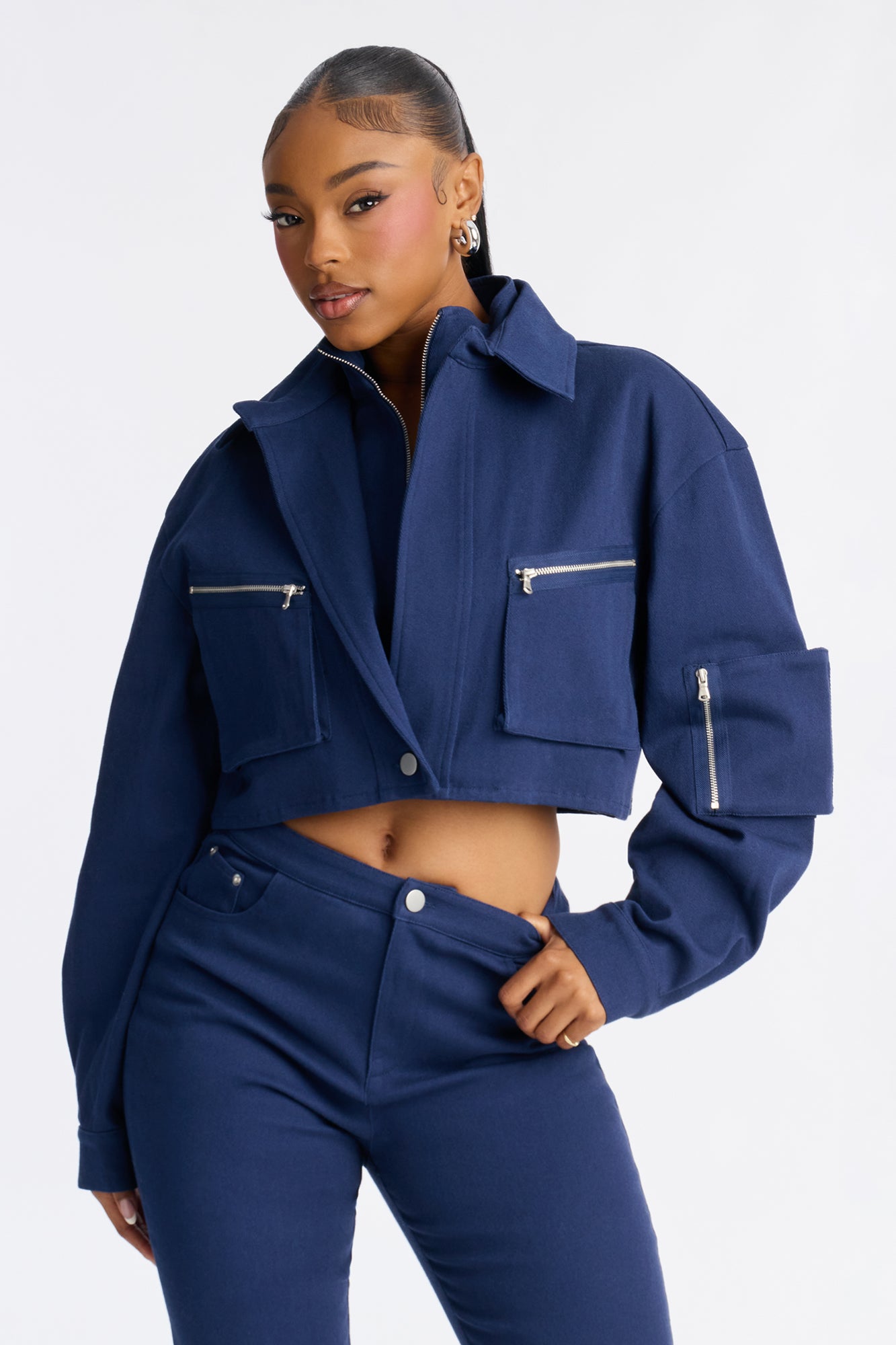 Angie Twill Cropped Jacket Capri Set - Blue