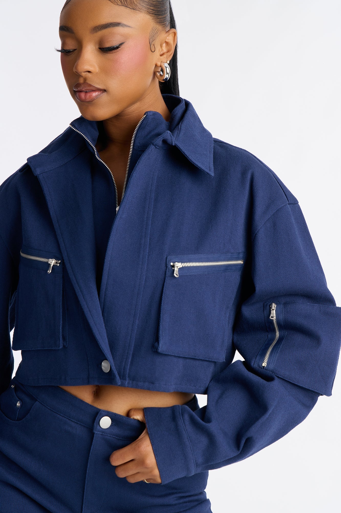 Angie Twill Cropped Jacket Capri Set - Blue