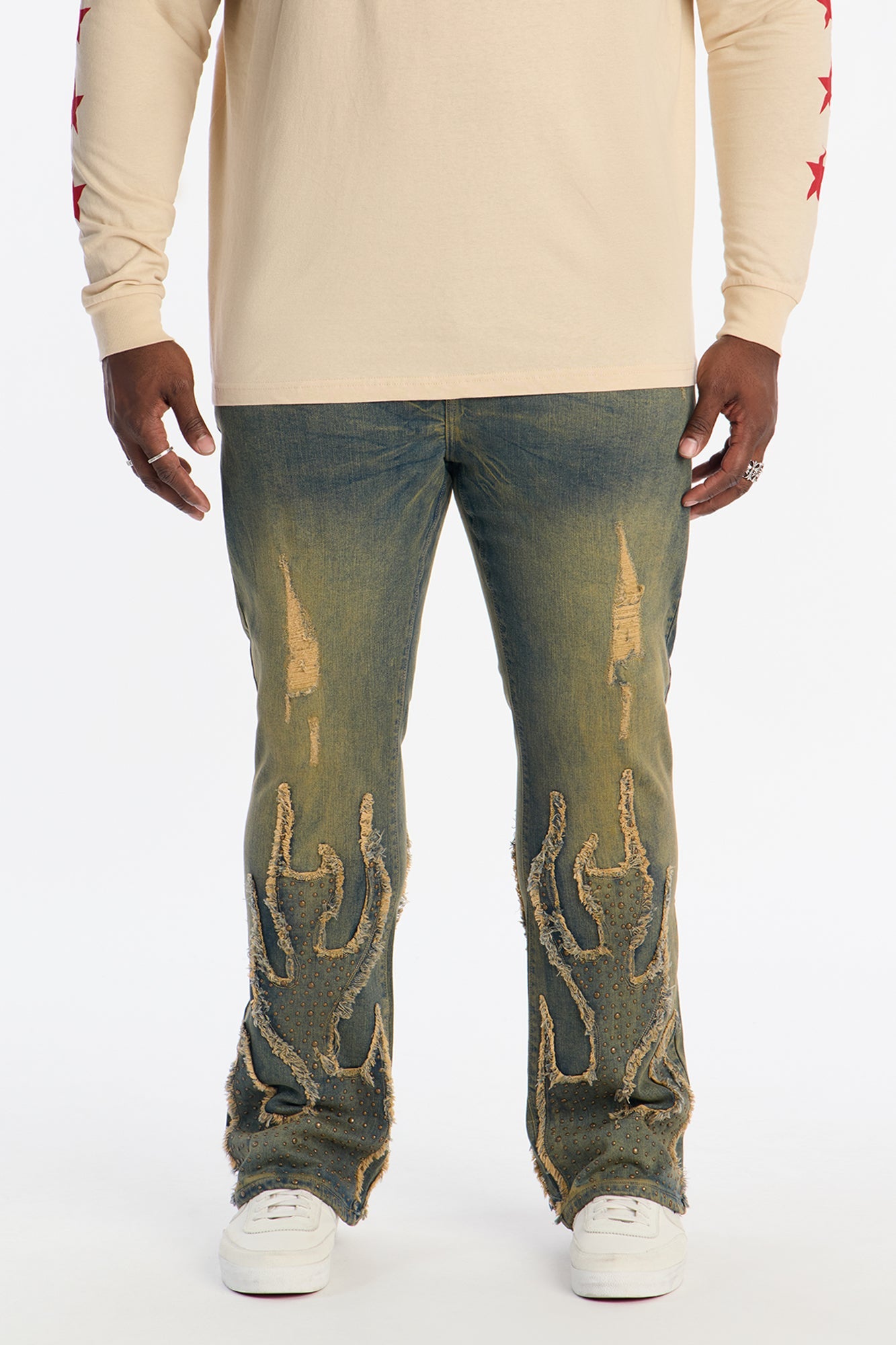 Stacked Skinny Flare Jeweled In Flames Jeans - Vintage Wash