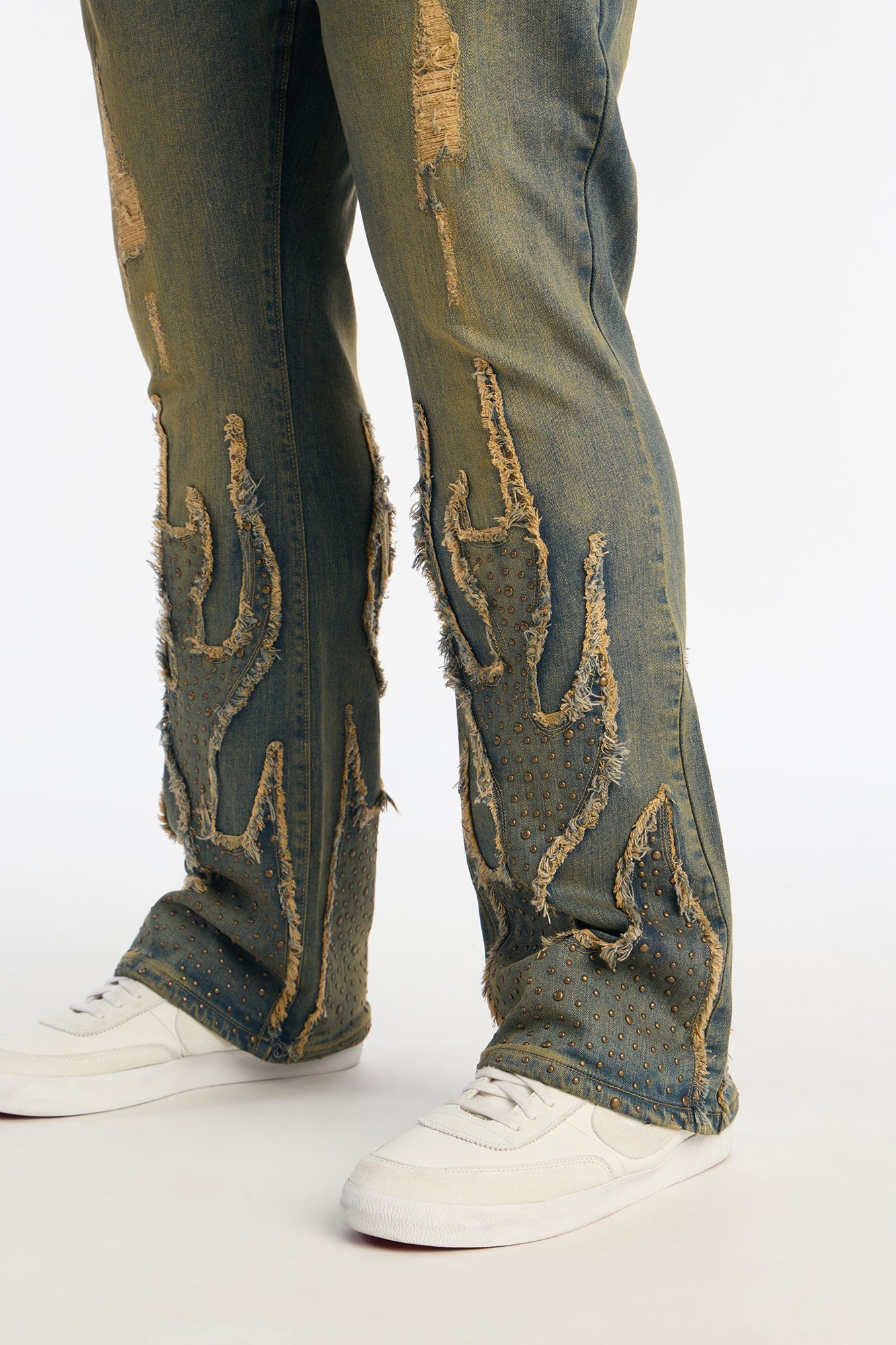 Stacked Skinny Flare Jeweled In Flames Jeans - Vintage Wash