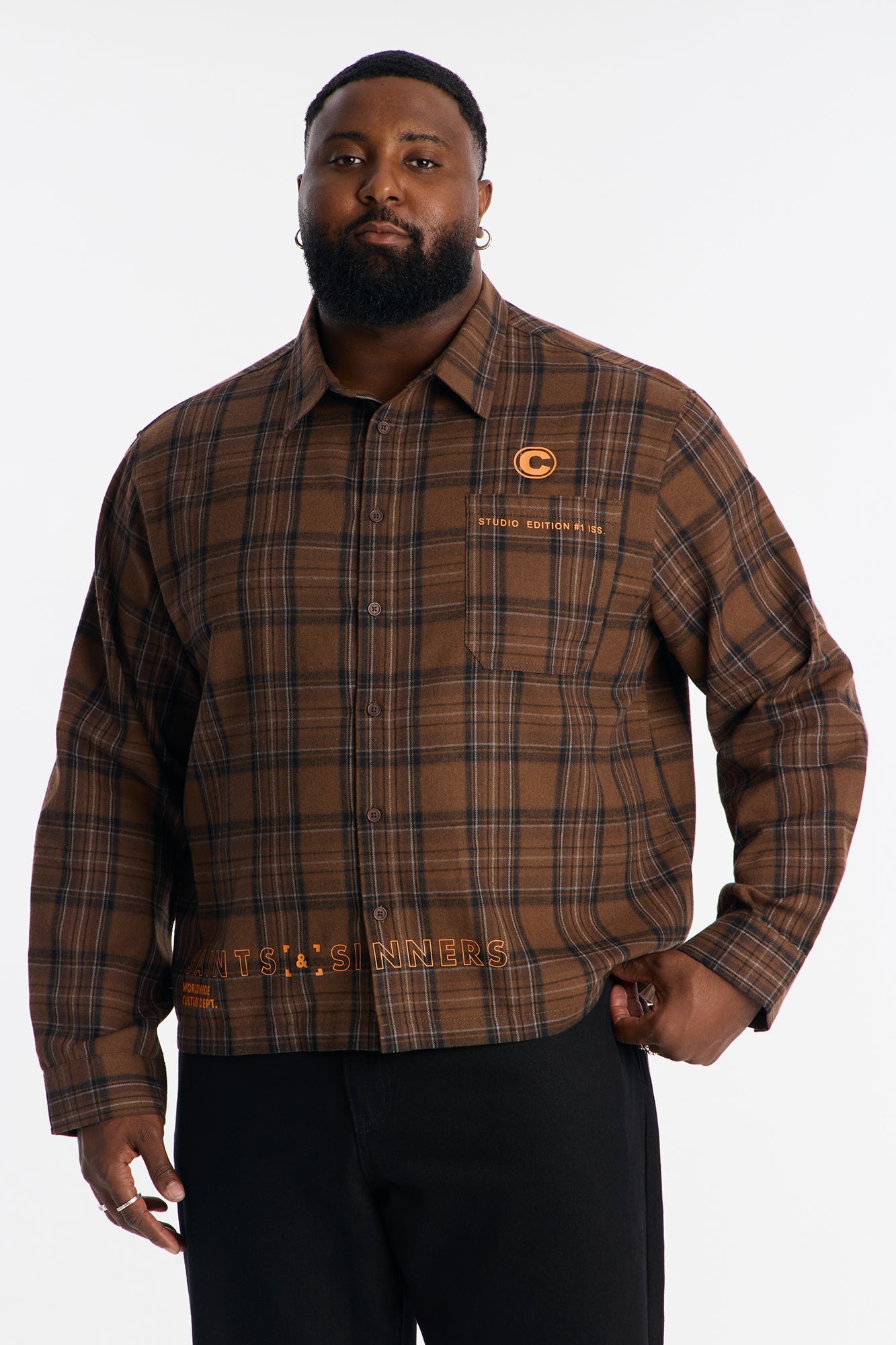Cropped Culture Plaid Button Up Shirt - Brown