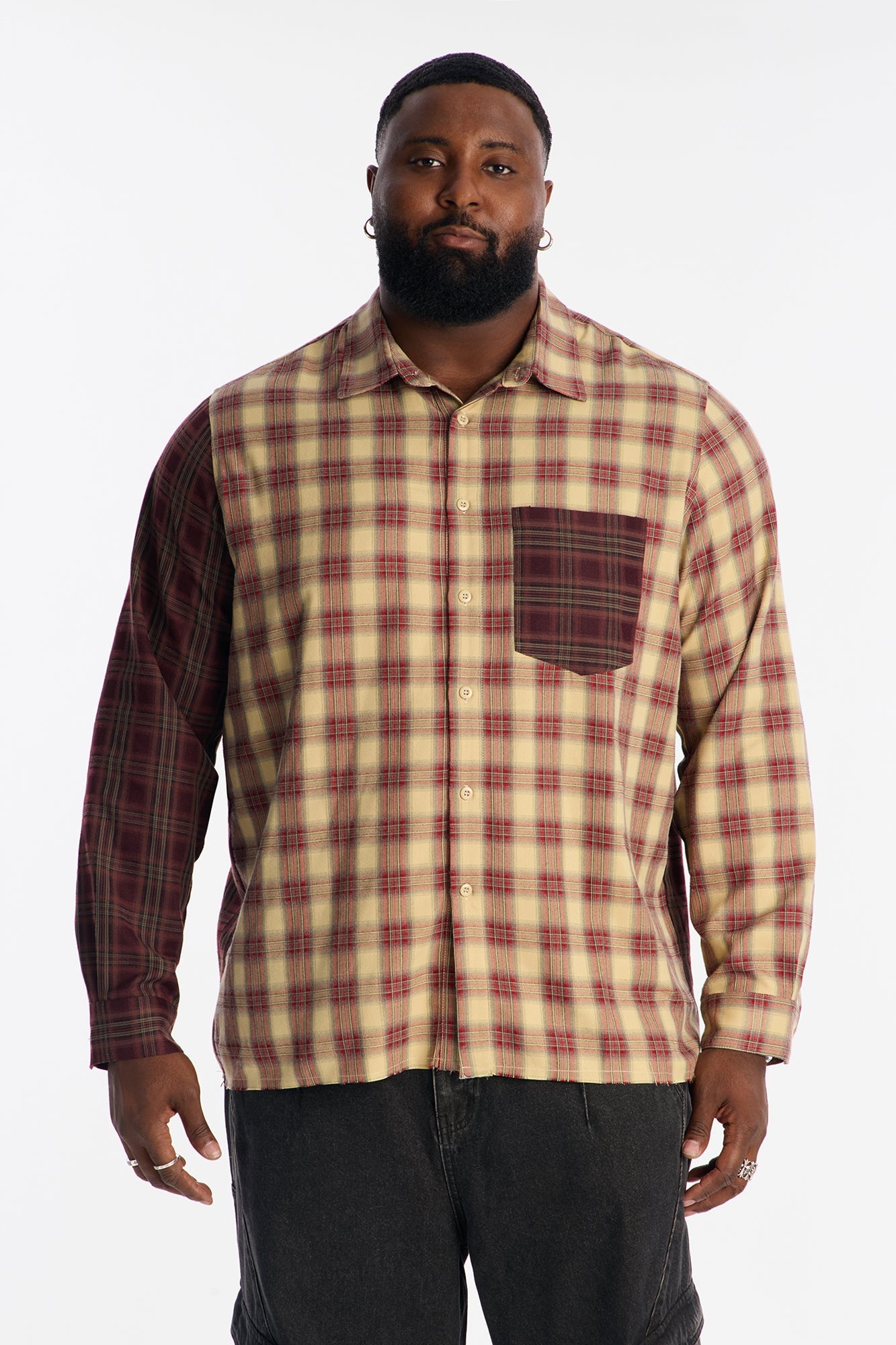 Color Block Casual Flannel - Burgundy/combo
