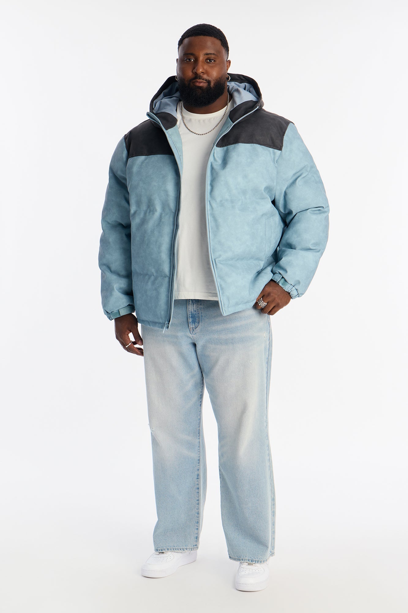 Oversized Hooded Unstoppable Faux Leather Embroidered Puffer Jacket - Blue