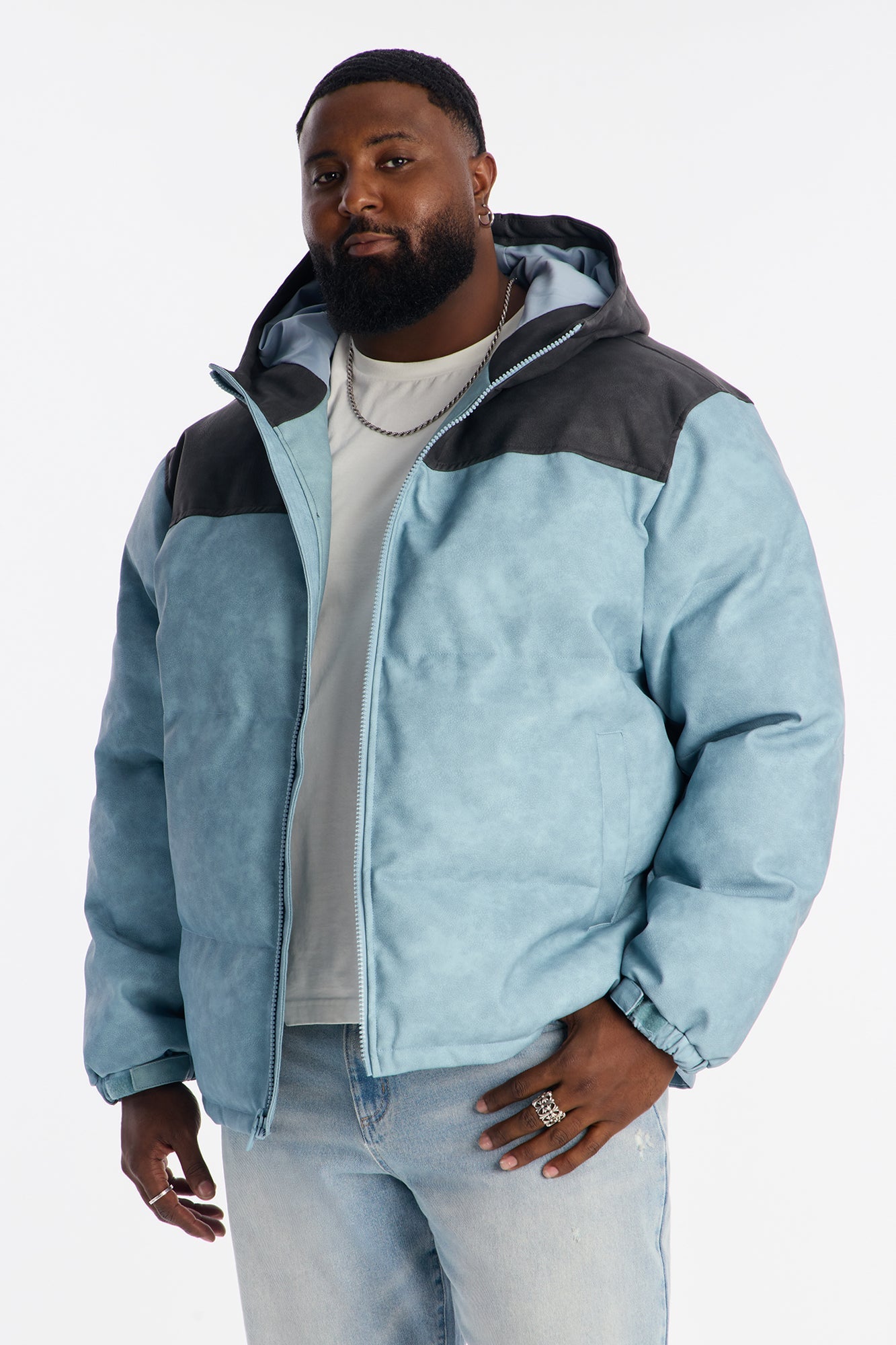 Oversized Hooded Unstoppable Faux Leather Embroidered Puffer Jacket - Blue