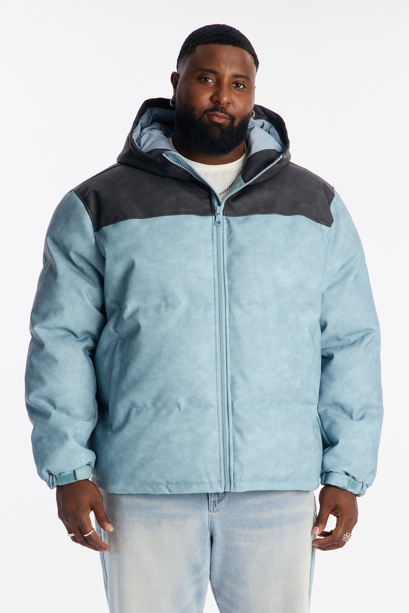 Oversized Hooded Unstoppable Faux Leather Embroidered Puffer Jacket - Blue